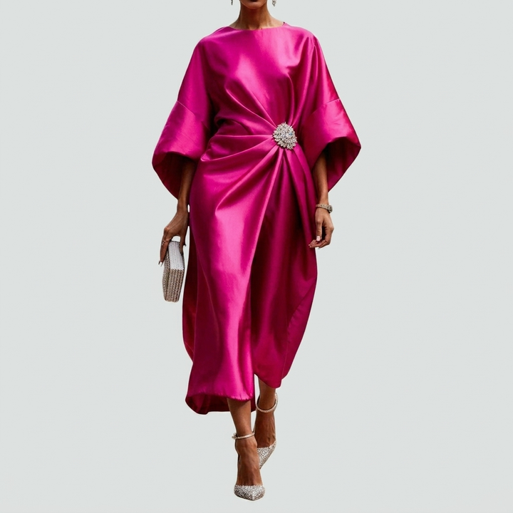 Chique dames feestjurk, gedrapeerde midi-jurk, ideaal voor een stijlvolle avondlook.