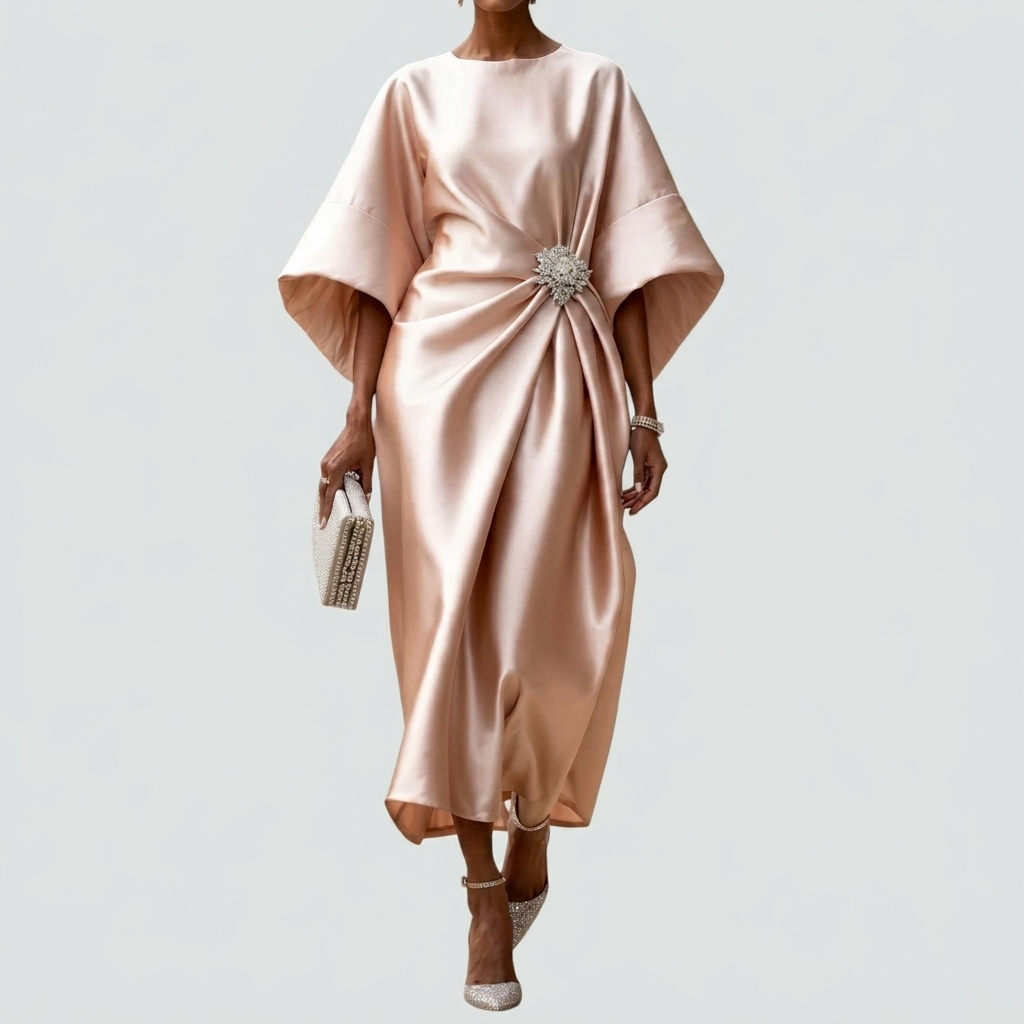 Elegante midi-jurk voor dames, gedrapeerd design met vleermuismouw, perfect als avondjurk.