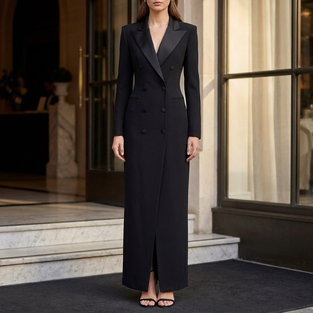 Elegante dames blazerjurk, perfect voor formele events. Getailleerd model met dubbele rij knopen voor een chique look.