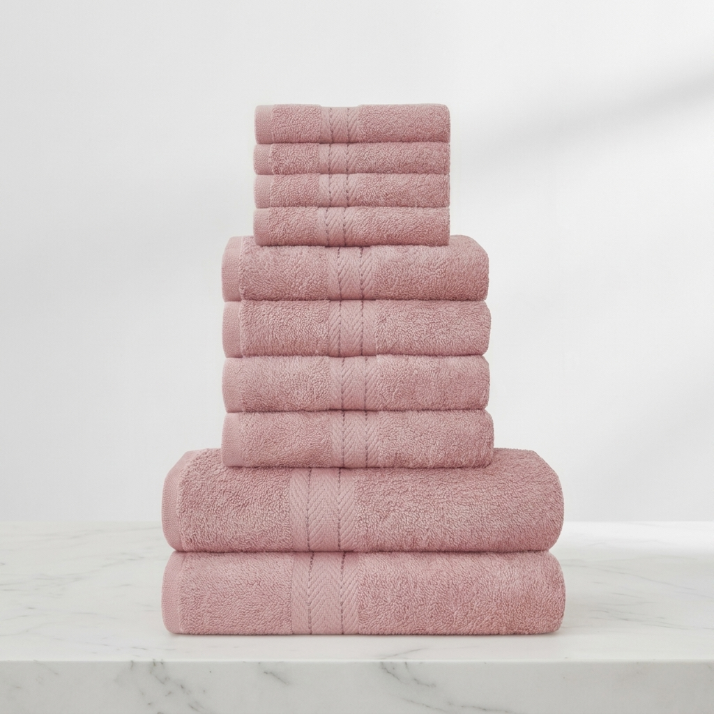 Georganiseerde presentatie van handdoeken en washandjes uit de 10-delige badkamerset.