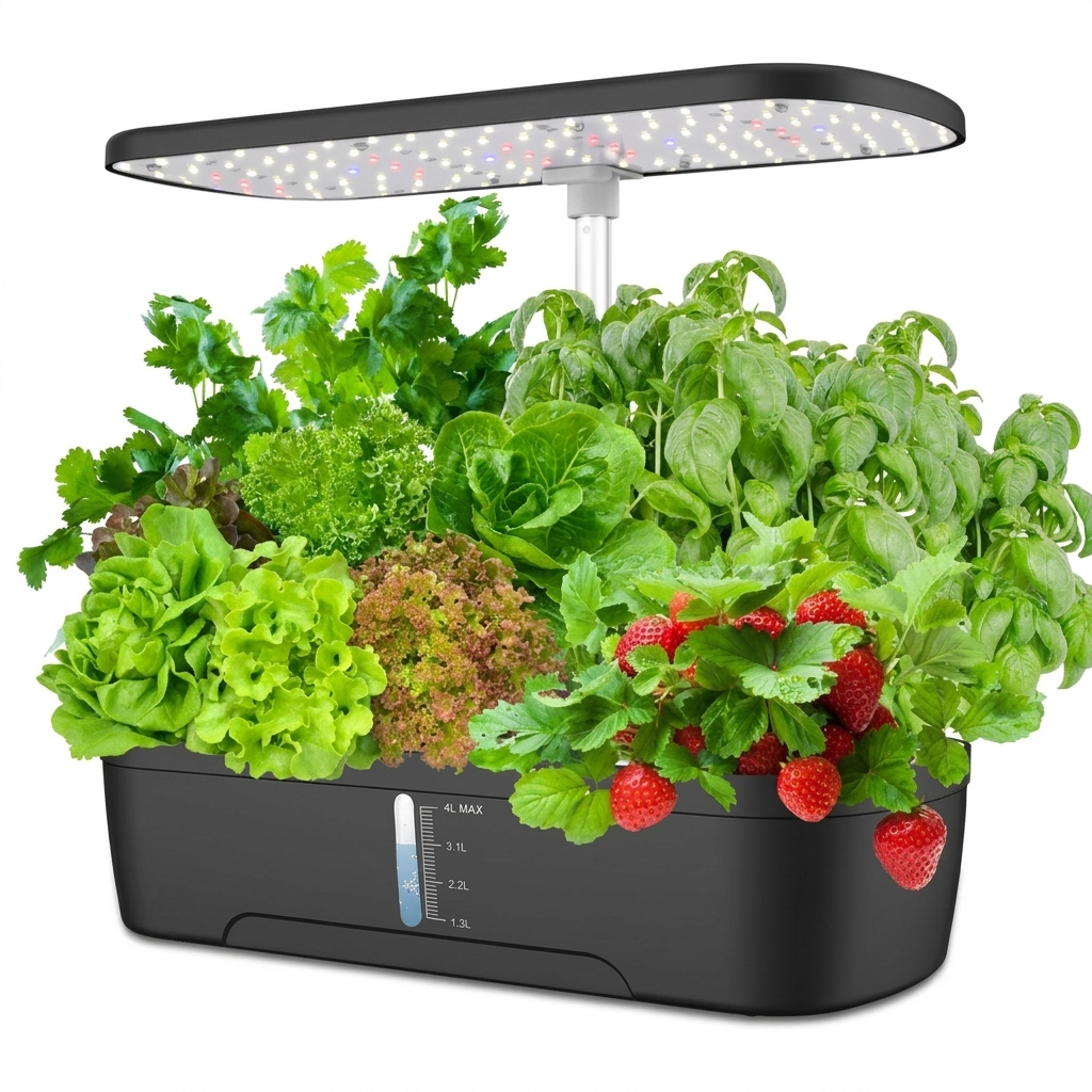 Compacte slimme hydroponische kweekset met LED-lamp voor thuis binnenkweek van kruiden en groenten.