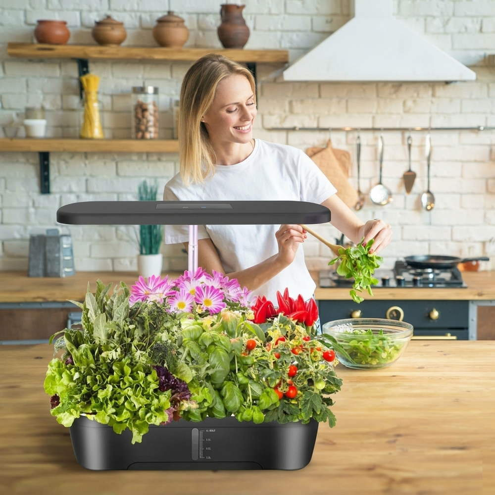 Slimme hydroponische binnentuin met groeiende verse kruiden en groenten, ideaal voor modern thuis tuinieren.