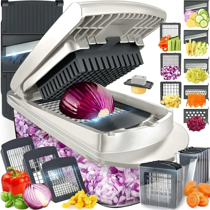Compacte 10-in-1 groentesnijder; de ideale keukenhulp voor snelle en efficiënte maaltijdbereiding.