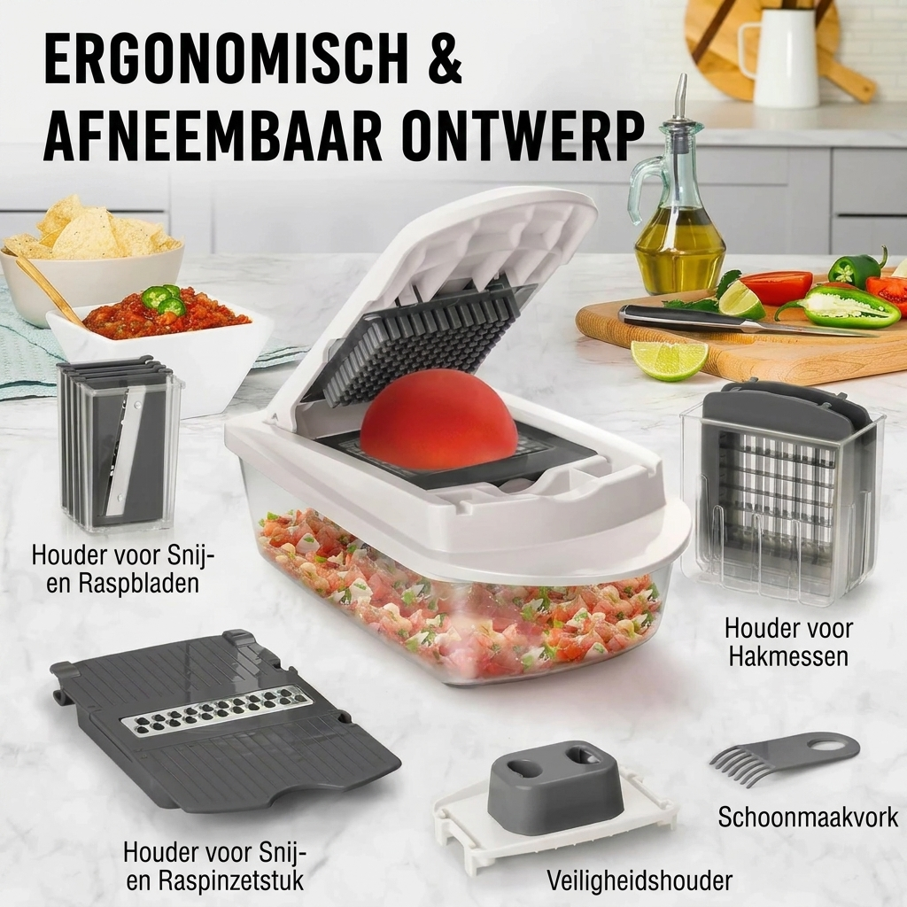 Efficiënte 10-in-1 groentesnijder. Perfect voor het snel snijden, raspen en hakken van groenten en fruit.