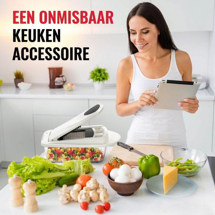 Universele groentesnijder met 10 functies voor snijden, raspen, julienne en hakken van groenten en fruit.