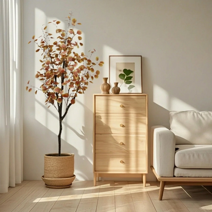 Kunstmatige eucalyptus herfstboom met warme oranje en bruine bladeren, sfeervolle herfstdecoratie voor interieur.