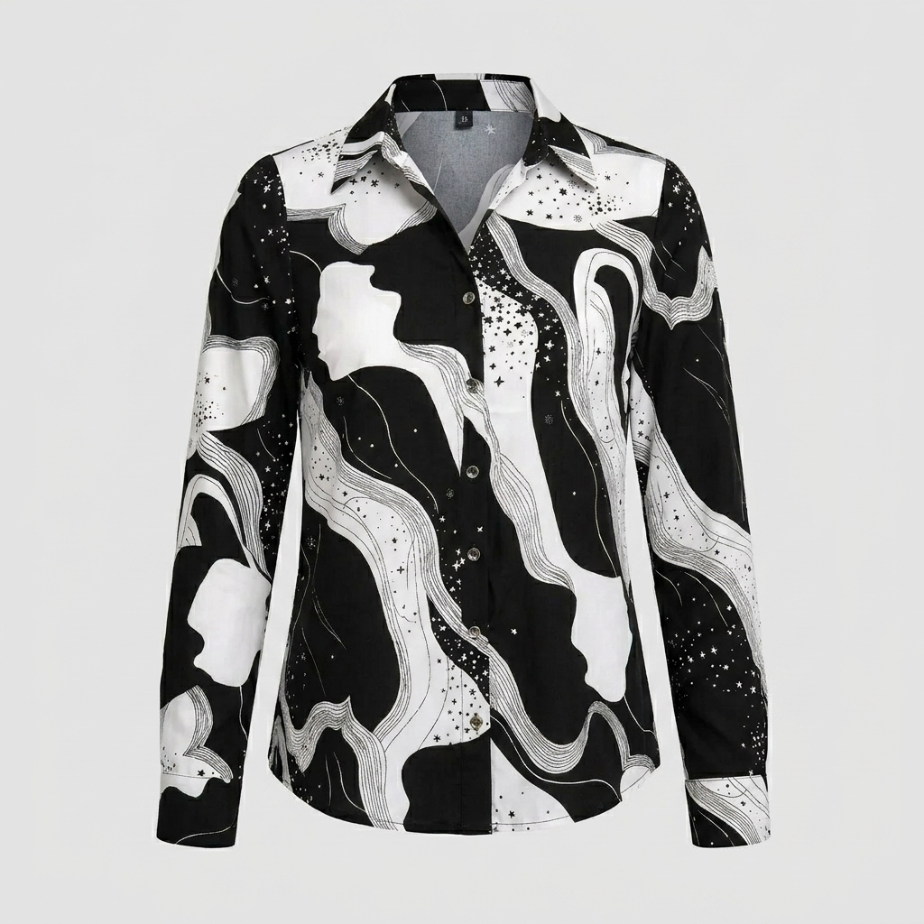 Dames blouse met opvallende abstracte print en V-hals; veelzijdig voor zowel kantoor als een ontspannen uitje.