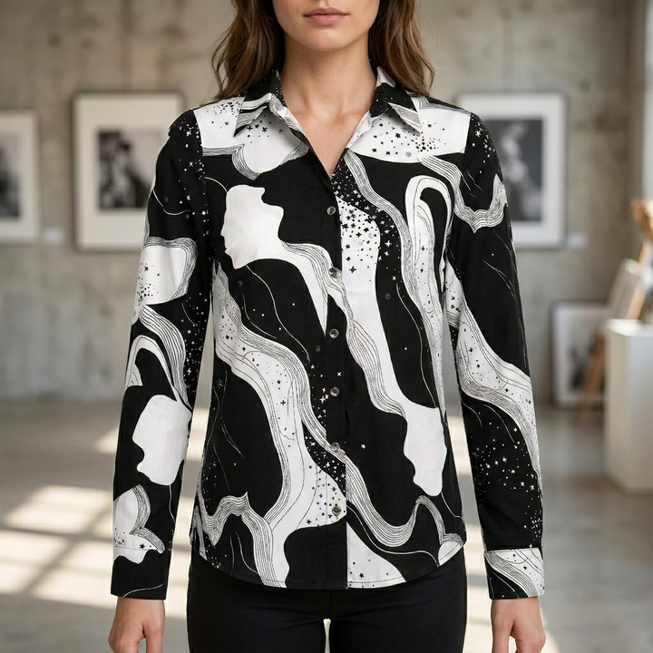 Elegante dames blouse met stijlvolle V-hals en unieke abstracte print, perfect voor een casual chique of zakelijke look.
