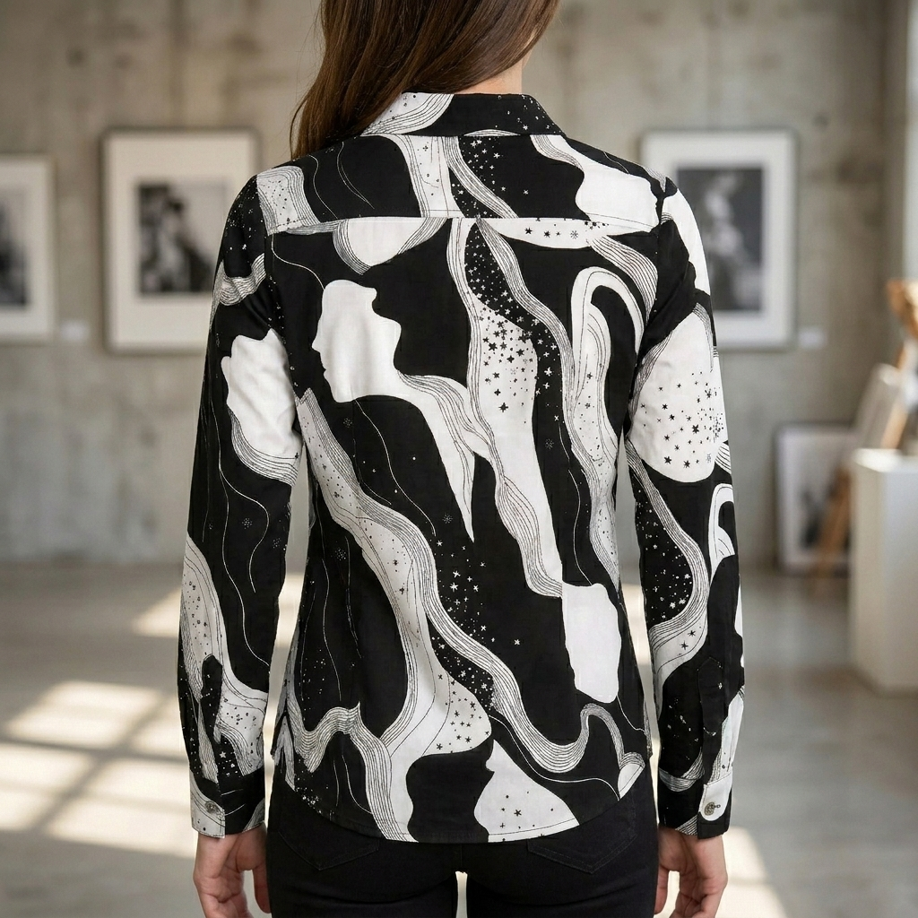 Trendy dames blouse met abstracte print en V-hals; ideaal voor lente/zomer, casual of formele gelegenheden.