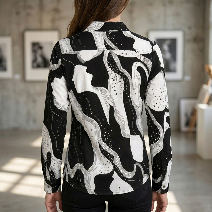 Trendy dames blouse met abstracte print en V-hals; ideaal voor lente/zomer, casual of formele gelegenheden.