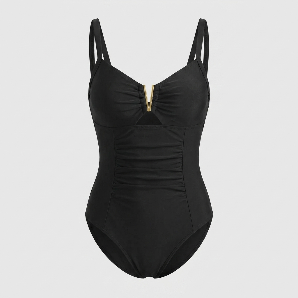 Stijlvol dames badpak voor zwembad of strand, met chique gouden accenten en een elegante pasvorm.