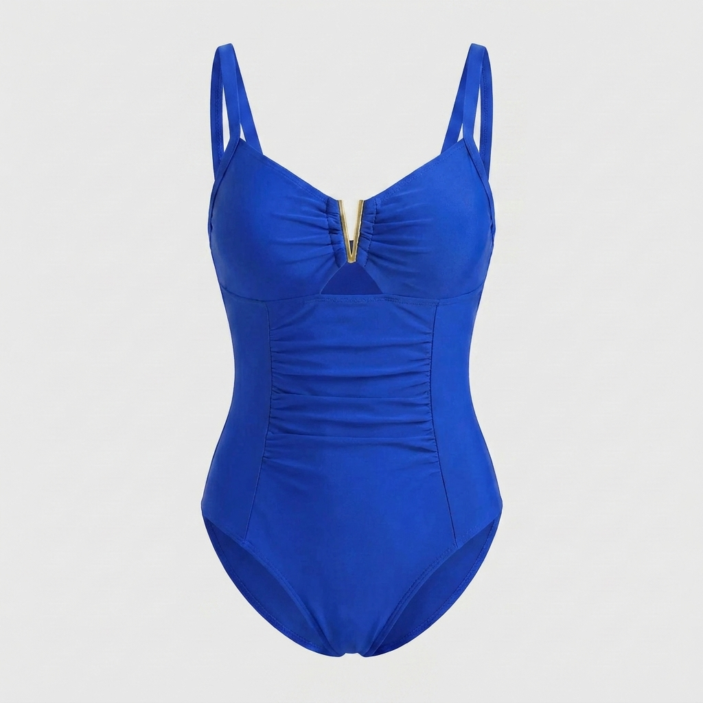 Chique dames badpak met gouden accenten, perfect voor een elegante zomerlook aan het strand of zwembad.