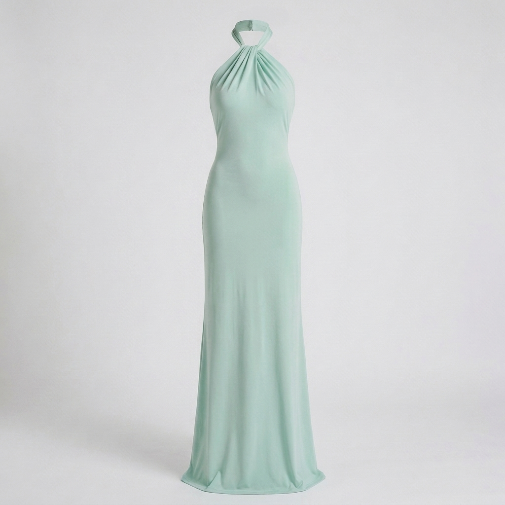 Lange dames jurk met hoge hals en elegante snit. Deze maxi jurk is stijlvol, comfortabel en perfect voor elke feestelijke gelegenheid.