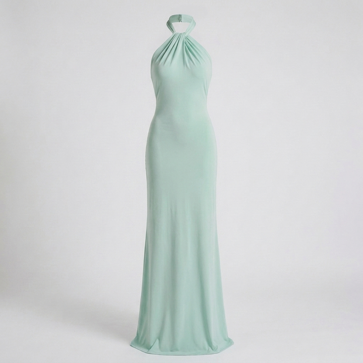 Lange dames jurk met hoge hals en elegante snit. Deze maxi jurk is stijlvol, comfortabel en perfect voor elke feestelijke gelegenheid.