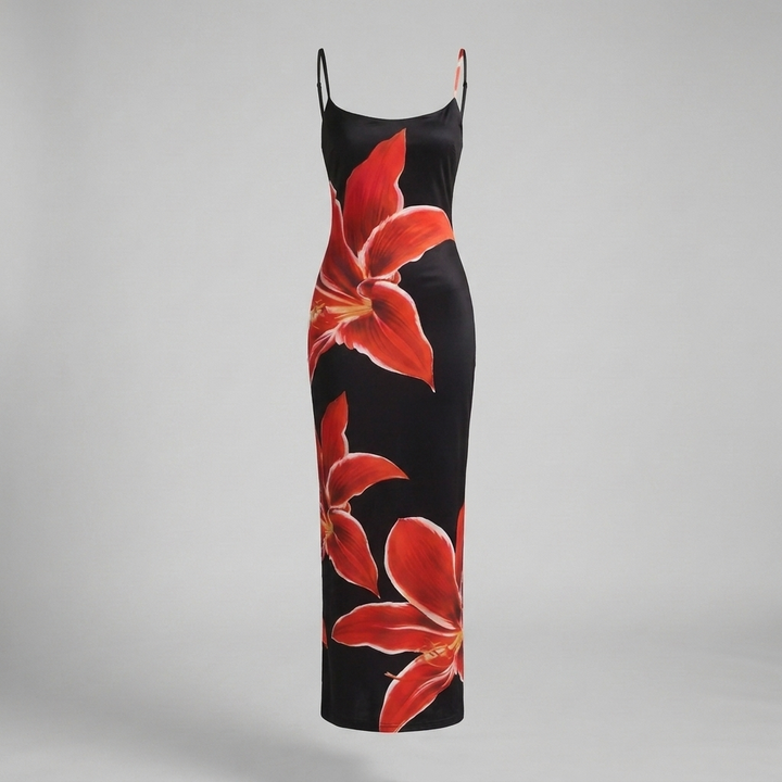 Trendy dames bloemenjurk, elegant en vrouwelijk. Perfect als zomer- of feestjurk. Ook verkrijgbaar in wit en zwart.