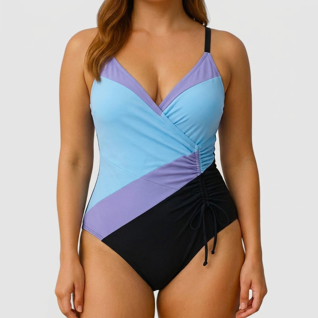 Dames badpak in marineblauw met flatterende V-hals, klaar voor strand en zwembad, comfortabel en stijlvol.