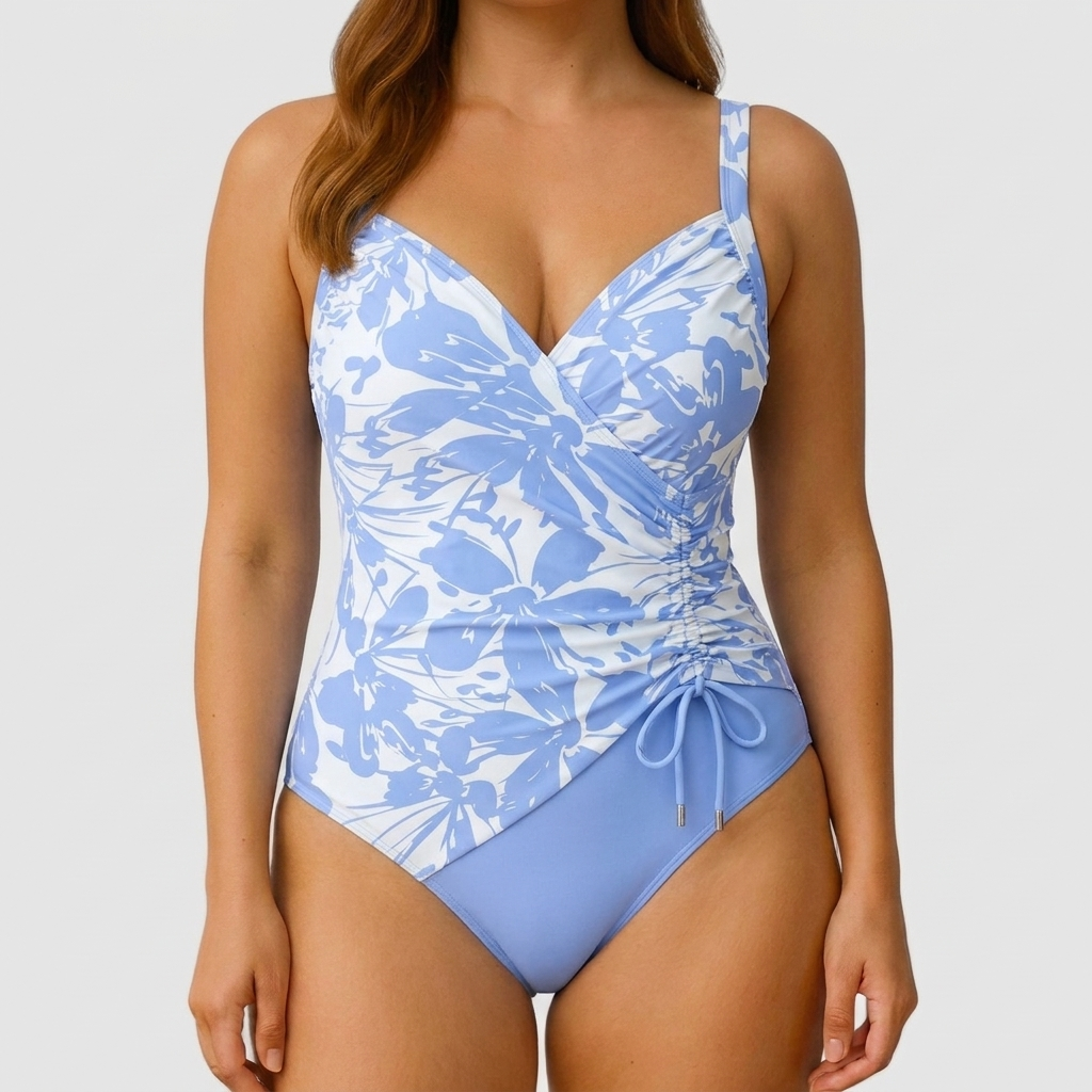 Lichtblauw gestreept dames badpak met elegante V-hals, perfecte eendelige strandmode voor de zomer.