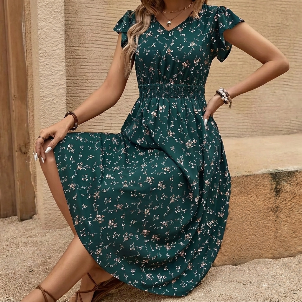 Elegante petrol A-lijn damesjurk met bloemenprint, perfect als veelzijdige casual of feestelijke zomeroutfit.