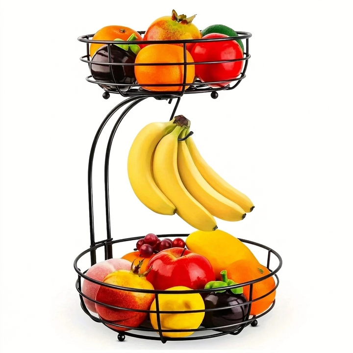 Ovale 2-laags fruitmand van metaal met bananenhouder. Perfecte keukenorganizer voor fruit en groenten op aanrecht.