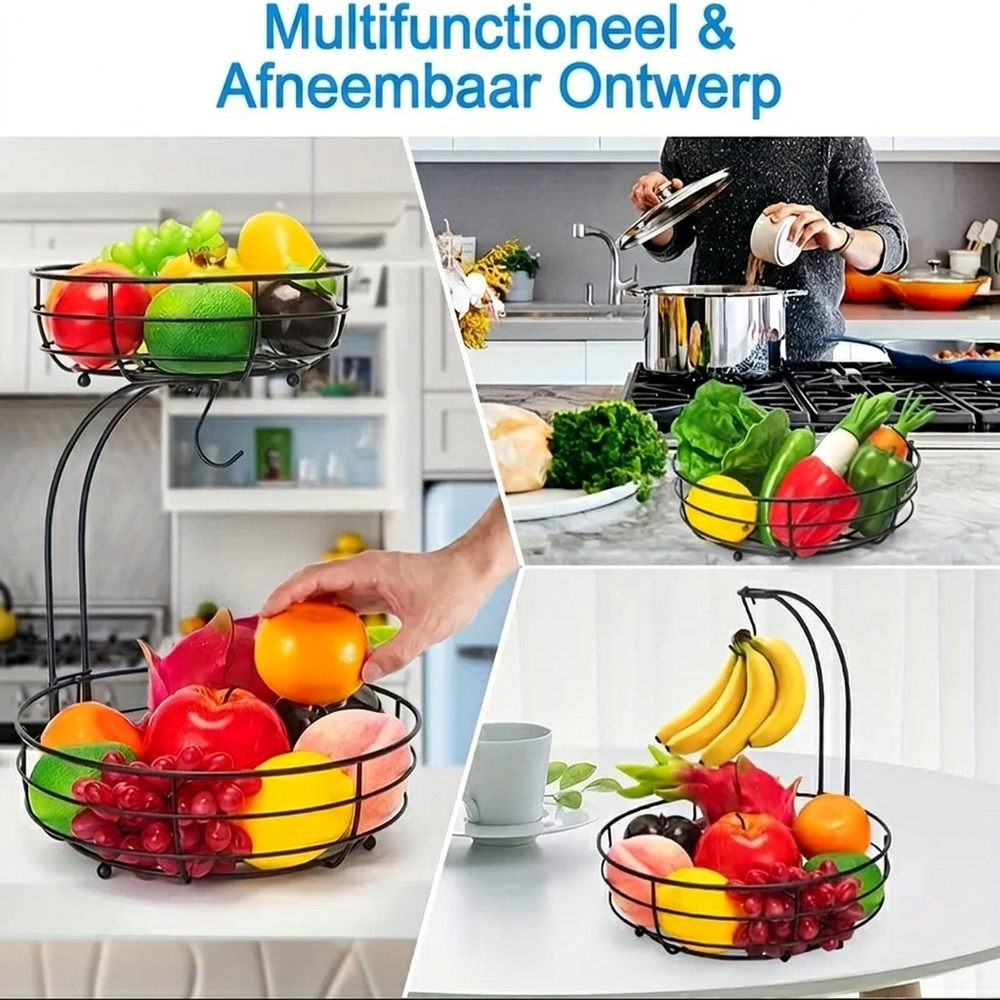 Praktische ovale metalen fruitmand met 2 lagen en bananenhaak. Ideale opberger voor verse fruit en groenten.