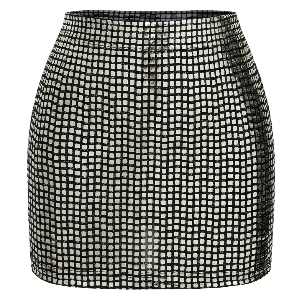 Dames sprankelende zilveren glitter minirok met hoge taille, perfect voor feestjes en avondkleding.