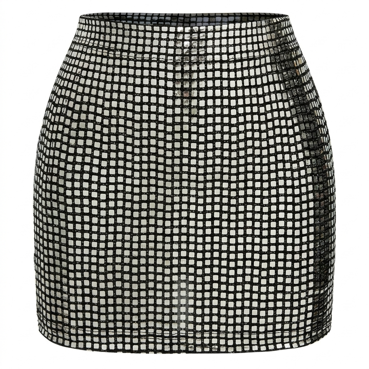 Dames sprankelende zilveren glitter minirok met hoge taille, perfect voor feestjes en avondkleding.