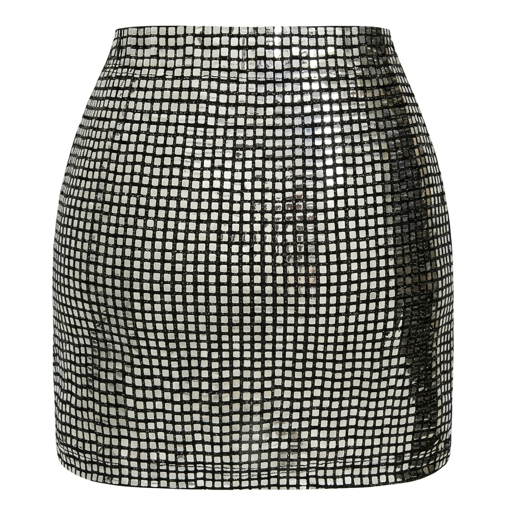 Glamoureuze modieuze dames glitter minirok voor partykleding, met sprankelende zilveren afwerking.