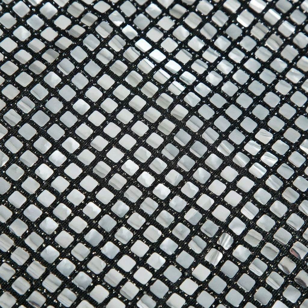 Close-up van de sprankelende glitterstof van een zilveren dames minirok, ideaal als feestrok.