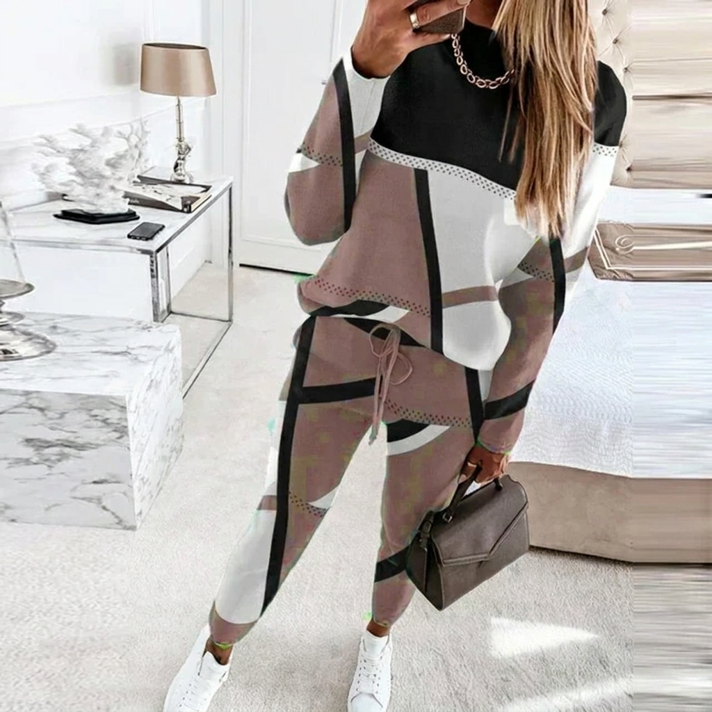 Stijlvolle dames tweedelige set: polyester O-hals top en lange damesbroek. Perfect voor comfortabele, casual dagelijkse outfits.