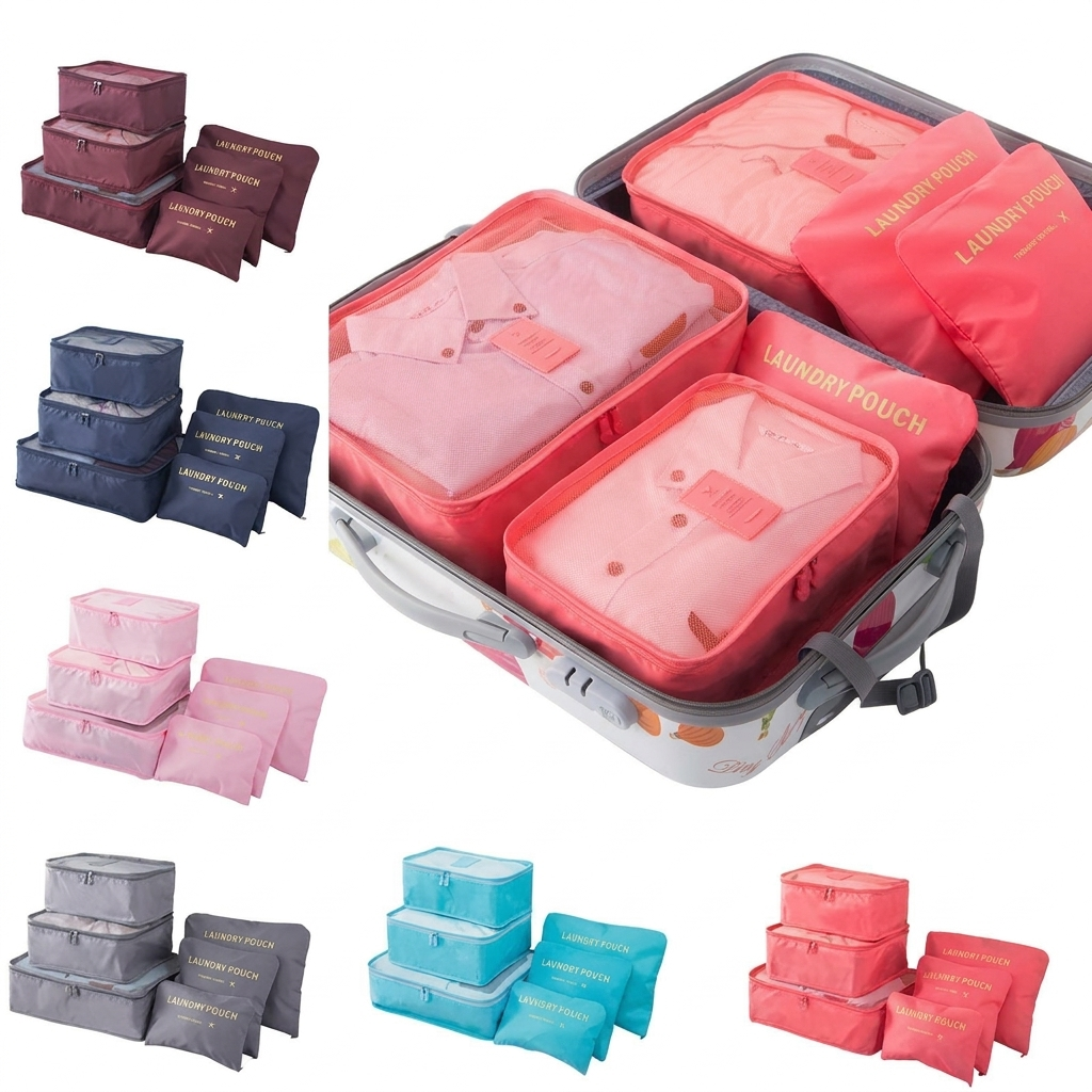 Diverse pakblokken en reisorganizers voor kleding, schoenen en toiletartikelen, ideaal voor vakantiebagage.
