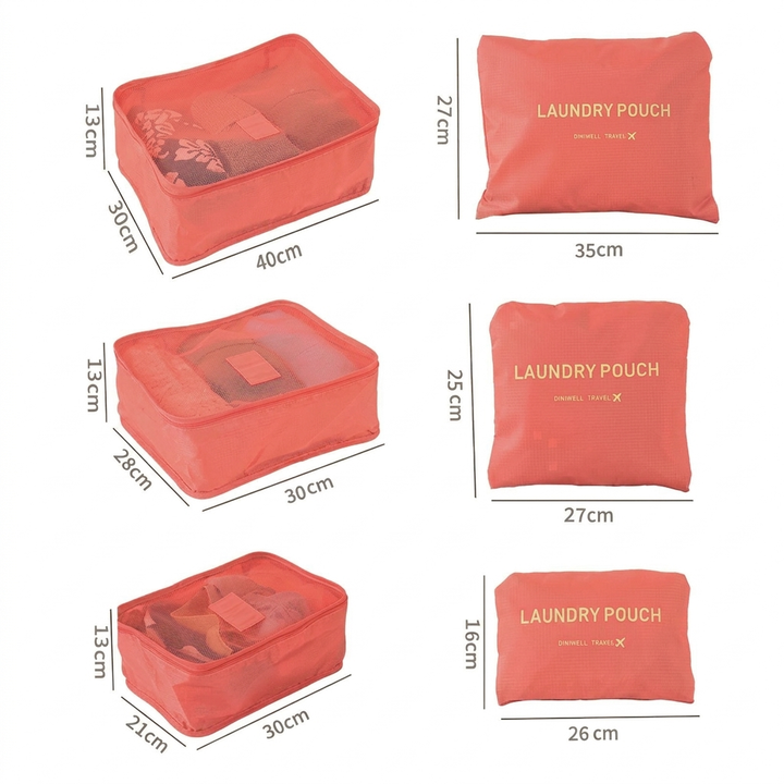 Opvouwbare opbergtassen uit een 6-delige reisset, perfect voor het scheiden van schone en vuile kleding tijdens vakantie.