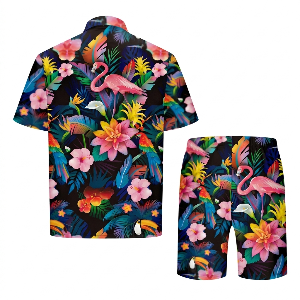 Dames zomerse tweedelige set met vrolijke flamingoprint, perfect als strand- of vakantiekleding.