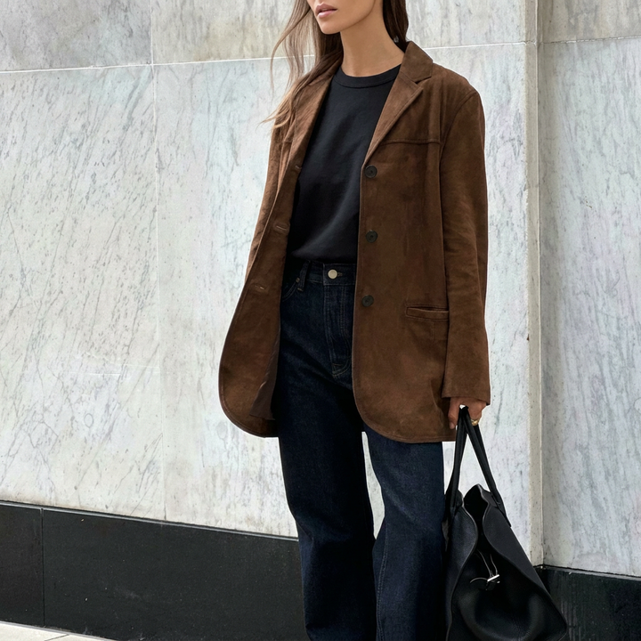 Bruine oversized damesblazer voor een elegante look, perfect voor zakelijke of casual lente/herfst outfits.