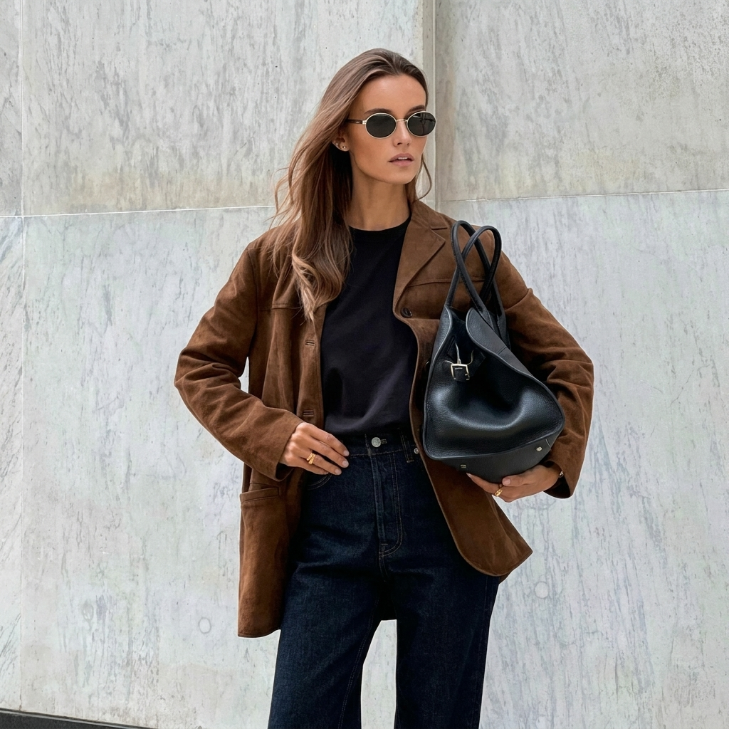 Stijlvolle bruine dames colbert, oversized pasvorm, ideaal voor een moeiteloos elegante zakelijke of casual mode.