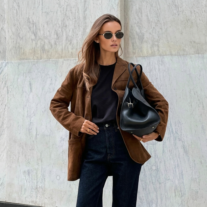 Stijlvolle bruine dames colbert, oversized pasvorm, ideaal voor een moeiteloos elegante zakelijke of casual mode.