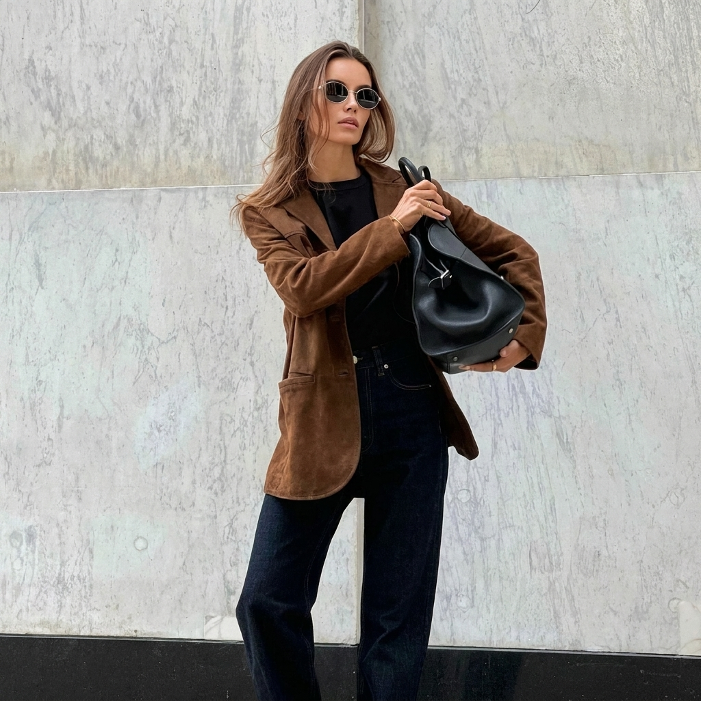 Comfortabele bruine oversized damesblazer, perfecte herfstjas of lentejas voor een modieuze uitstraling.