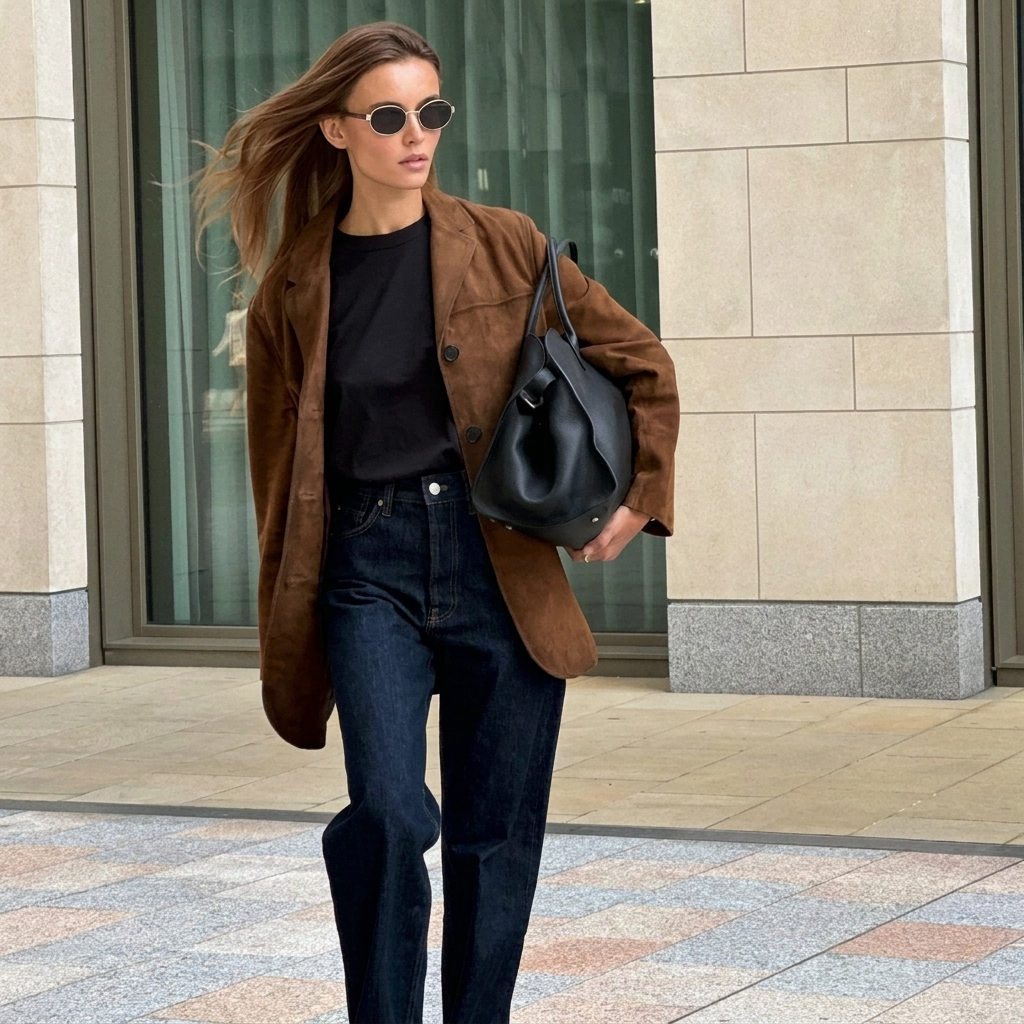 Chique bruine damesblazer met oversized pasvorm, een veelzijdig colbert voor elegante zakelijke en casual gelegenheden.