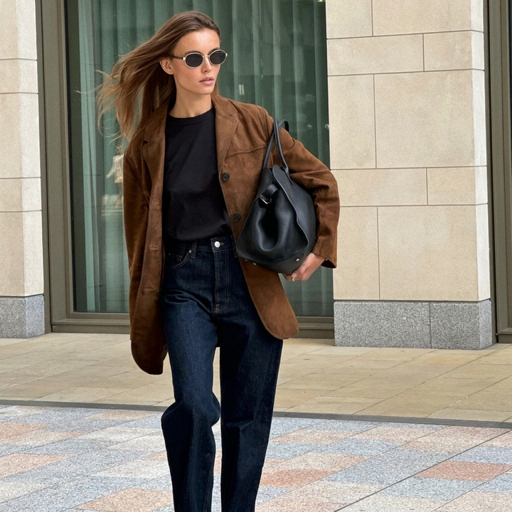Chique bruine damesblazer met oversized pasvorm, een veelzijdig colbert voor elegante zakelijke en casual gelegenheden.