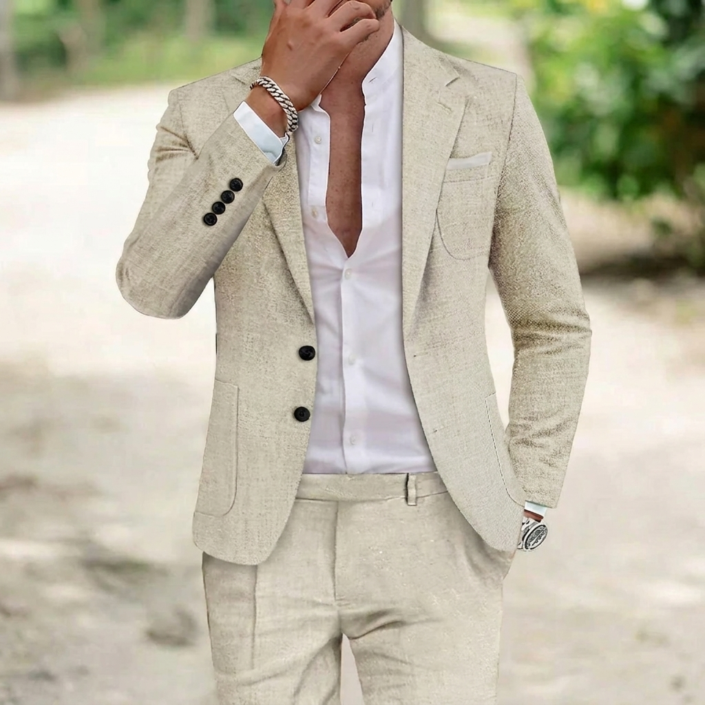 Stijlvol herenpak tweedelig in chic beige. Geschikt voor zowel formele events als zakelijke afspraken.