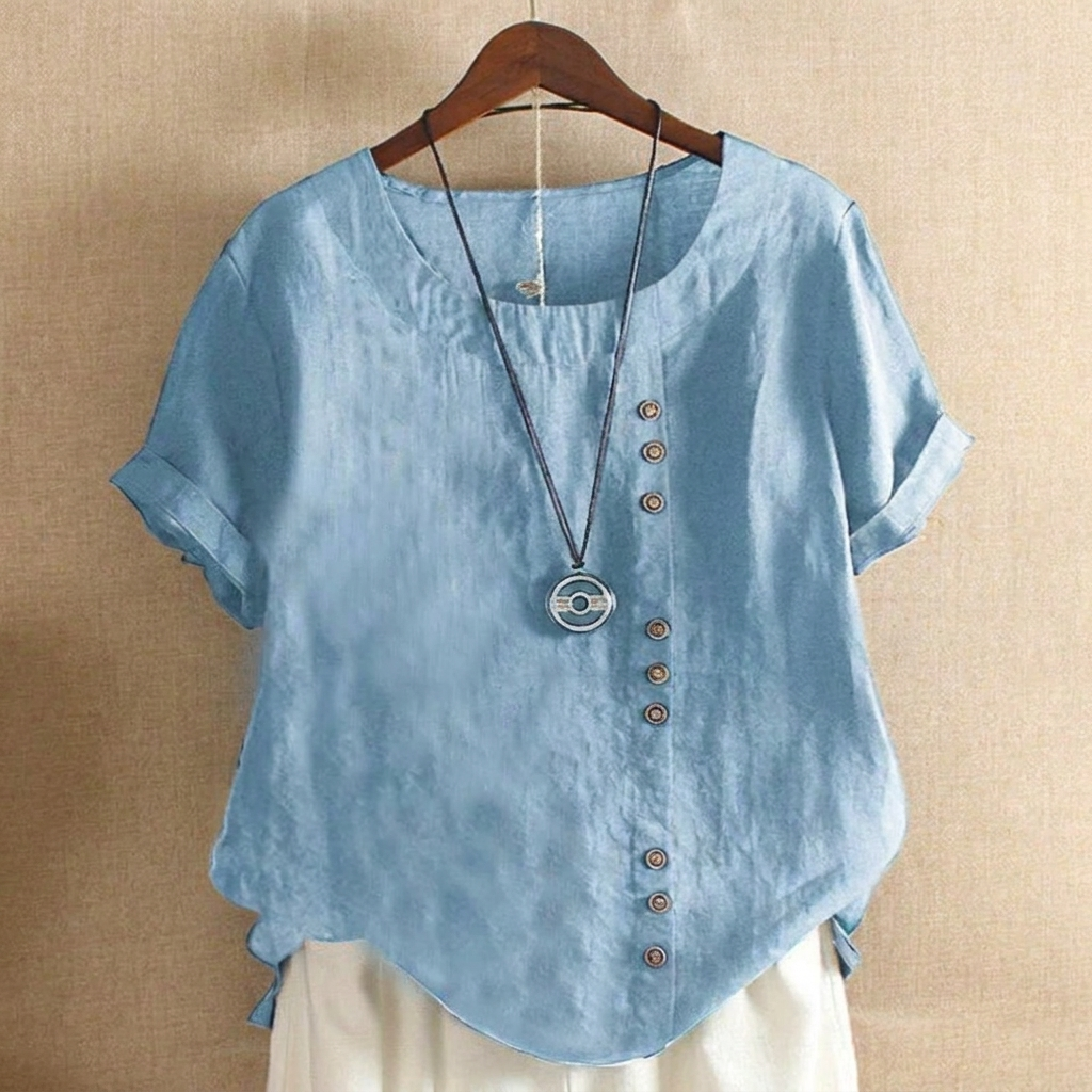 Dames top met korte mouwen en stijlvolle knoopdetails. Ideaal voor zomer & lente, comfortabel & chic.