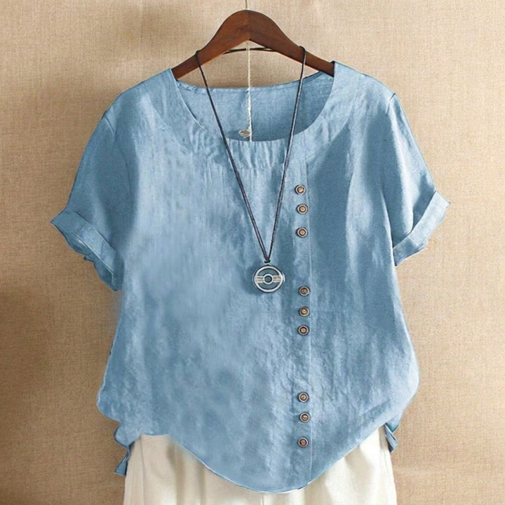Dames top met korte mouwen en stijlvolle knoopdetails. Ideaal voor zomer & lente, comfortabel & chic.