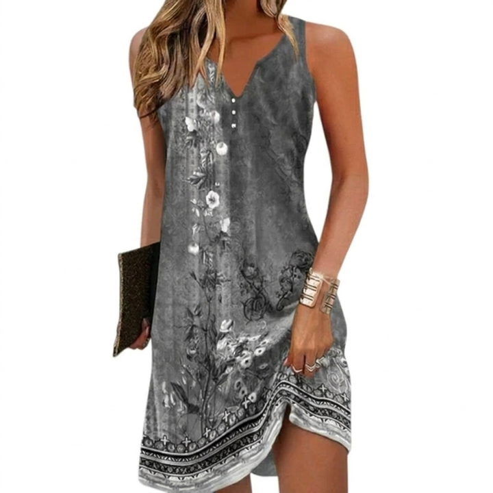 Trendy mouwloze mini jurk voor dames, comfortabel en modieus met levendige print, perfect voor de zomer.