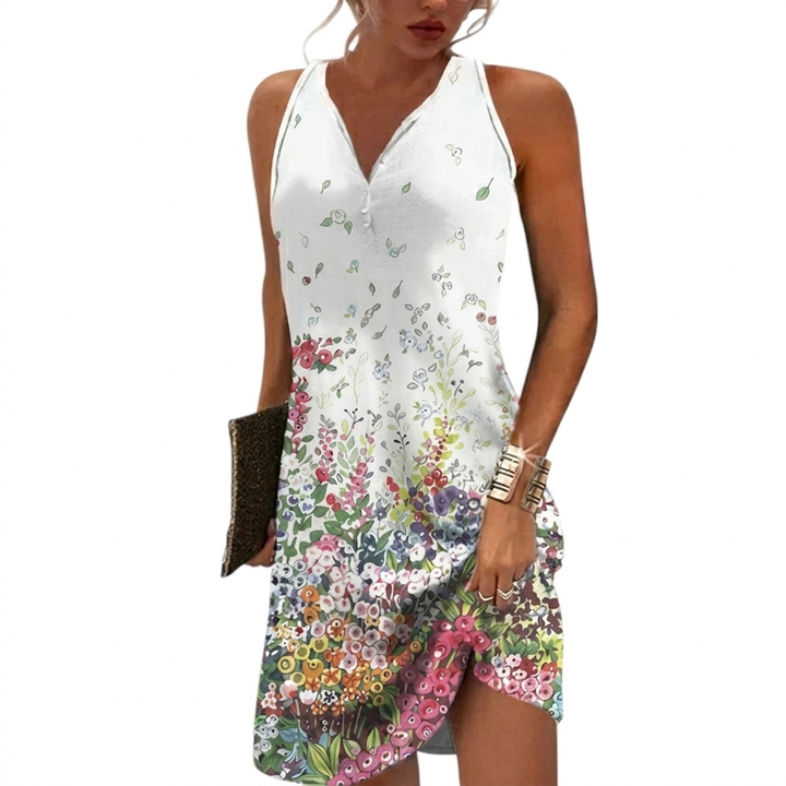 Comfortabele dames mini zomerjurk zonder mouwen, met trendy print, perfect voor warme zomerdagen.