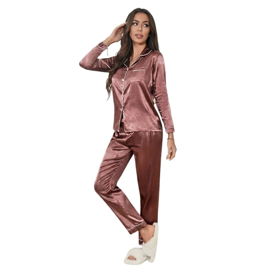 Vrouwen satijnen pyjamaset in diverse kleuren, comfortabele en elegante nachtkleding.