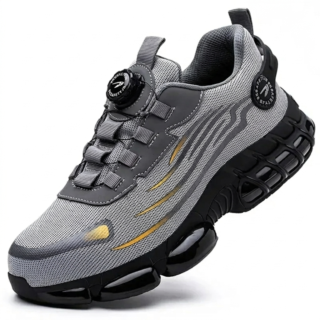 Grijze unisex S3 werkschoenen, robuust en comfortabel, bieden optimale bescherming en antislip grip op het werk.