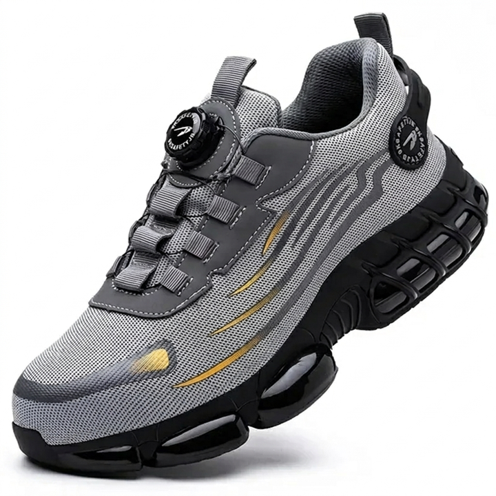 Grijze unisex S3 werkschoenen, robuust en comfortabel, bieden optimale bescherming en antislip grip op het werk.