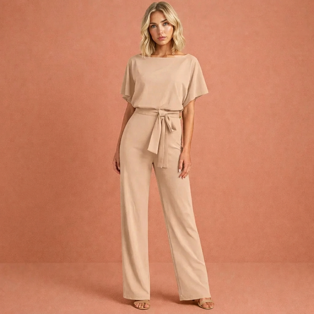 Elegante tweedelige dames set met ceintuur, perfect voor een stijlvolle en comfortabele lente/zomer outfit.