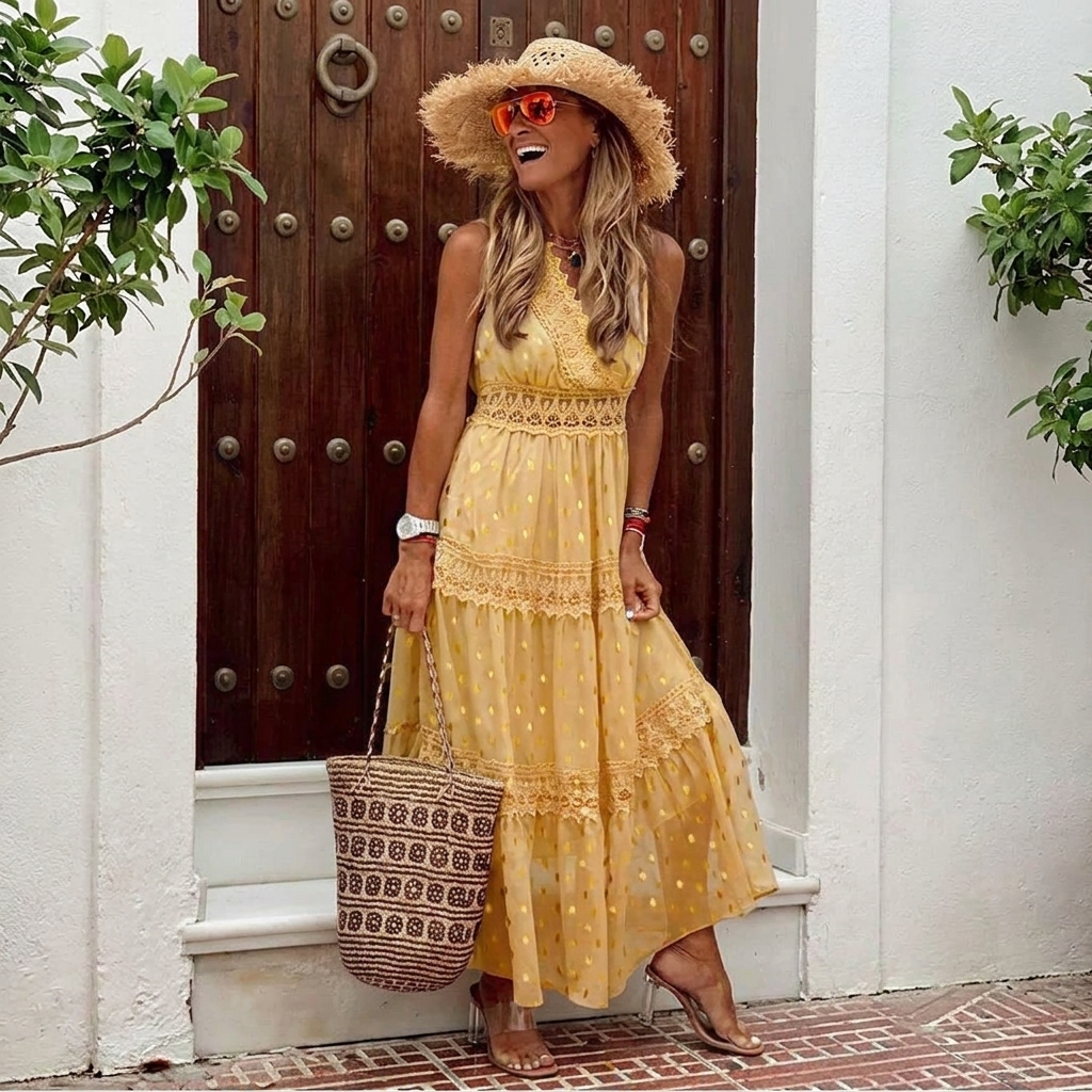 Stijlvolle dames midi zomerjurk, bohemien stijl met verfijnd haakwerk en comfortabele pasvorm.