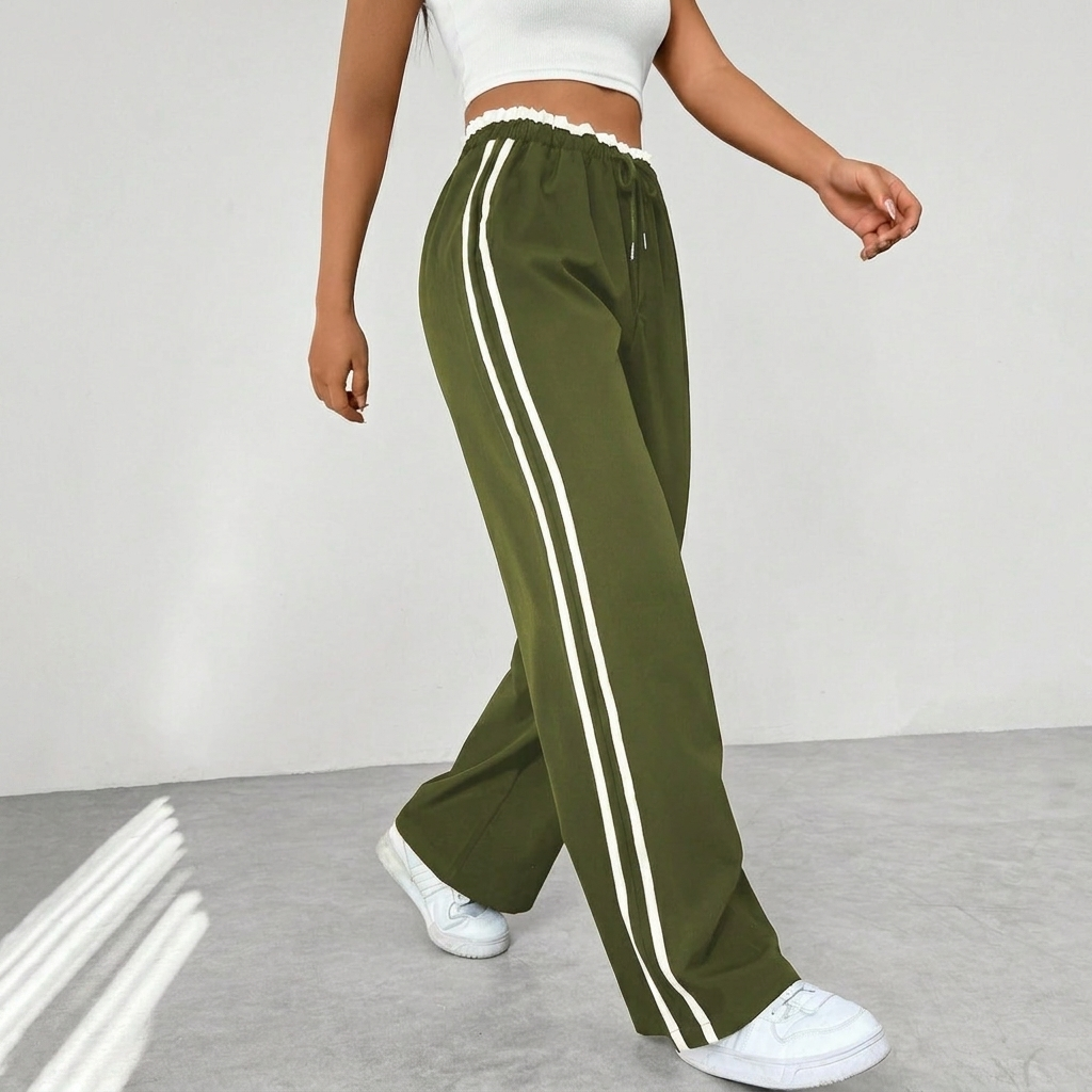 Stijlvolle dames sportbroek met contrasterende strepen langs de wijde pijpen, comfortabel en sportief.