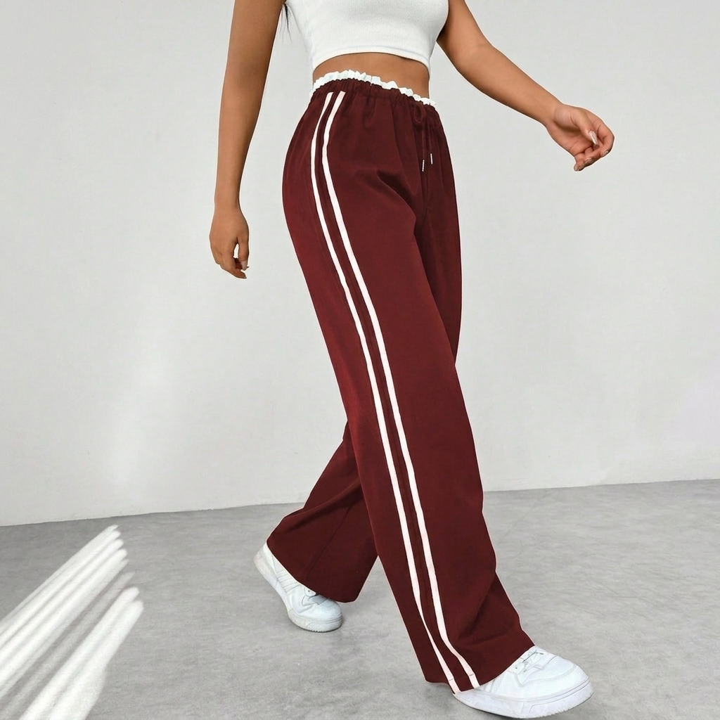 Moderne dames sportbroek met wijde pijpen en trendy strepen, essentieel voor streetwear en casual mode.